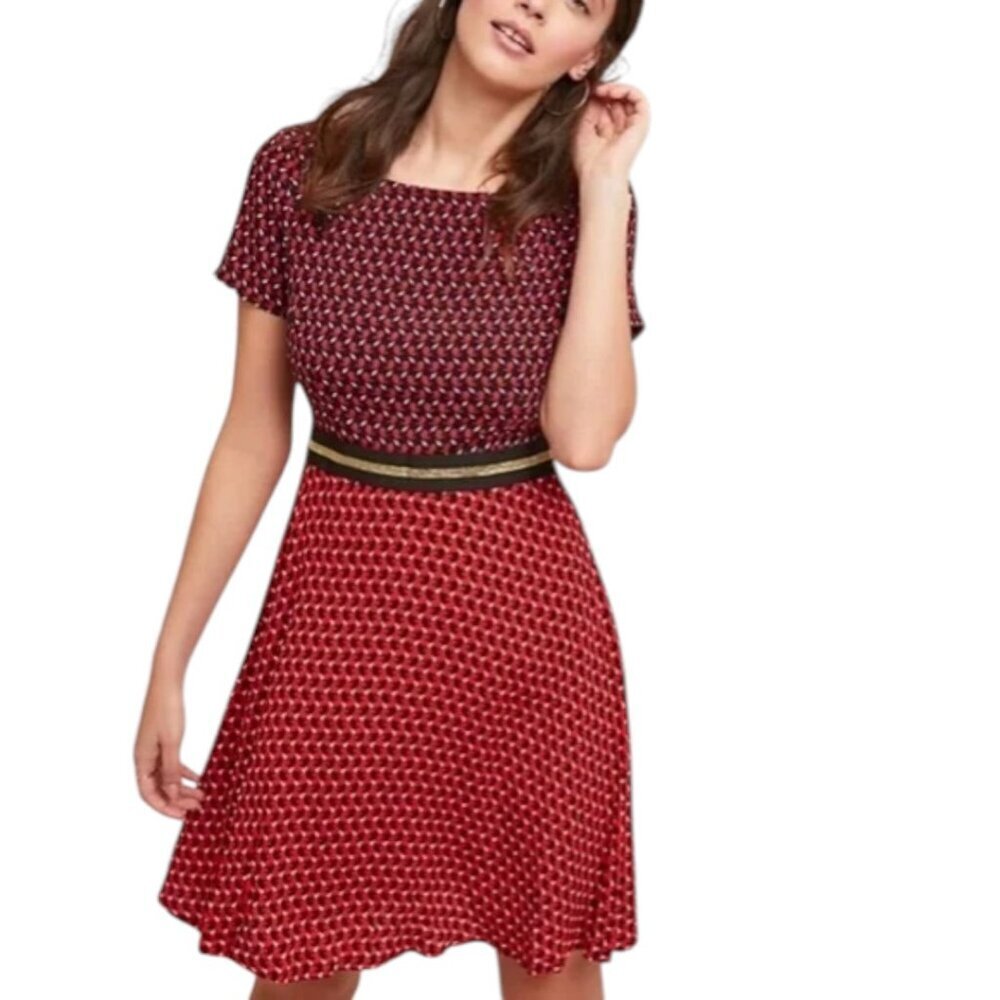 Anthropologie Maeve Amici Red Rabbit Print Short Sleeve Dress